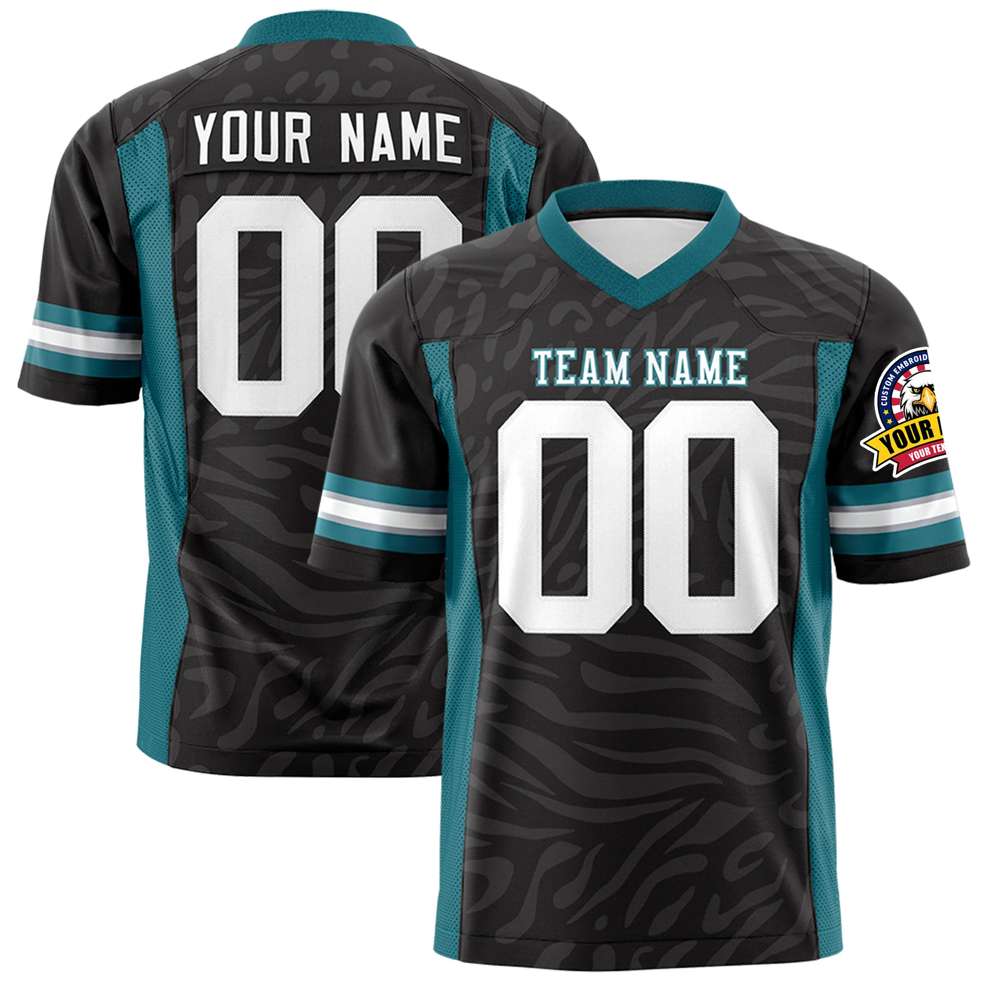 Custom Black Aqua-White Mesh Zebra Style Football Jersey