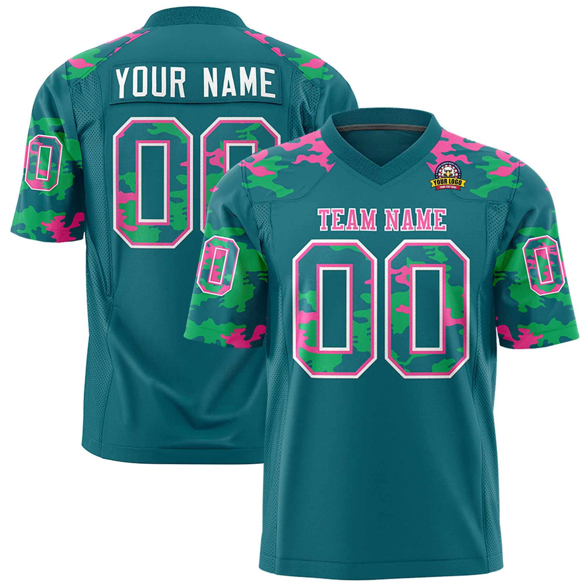 Custom Aqua Pink-Green Mesh Camo Football Jersey